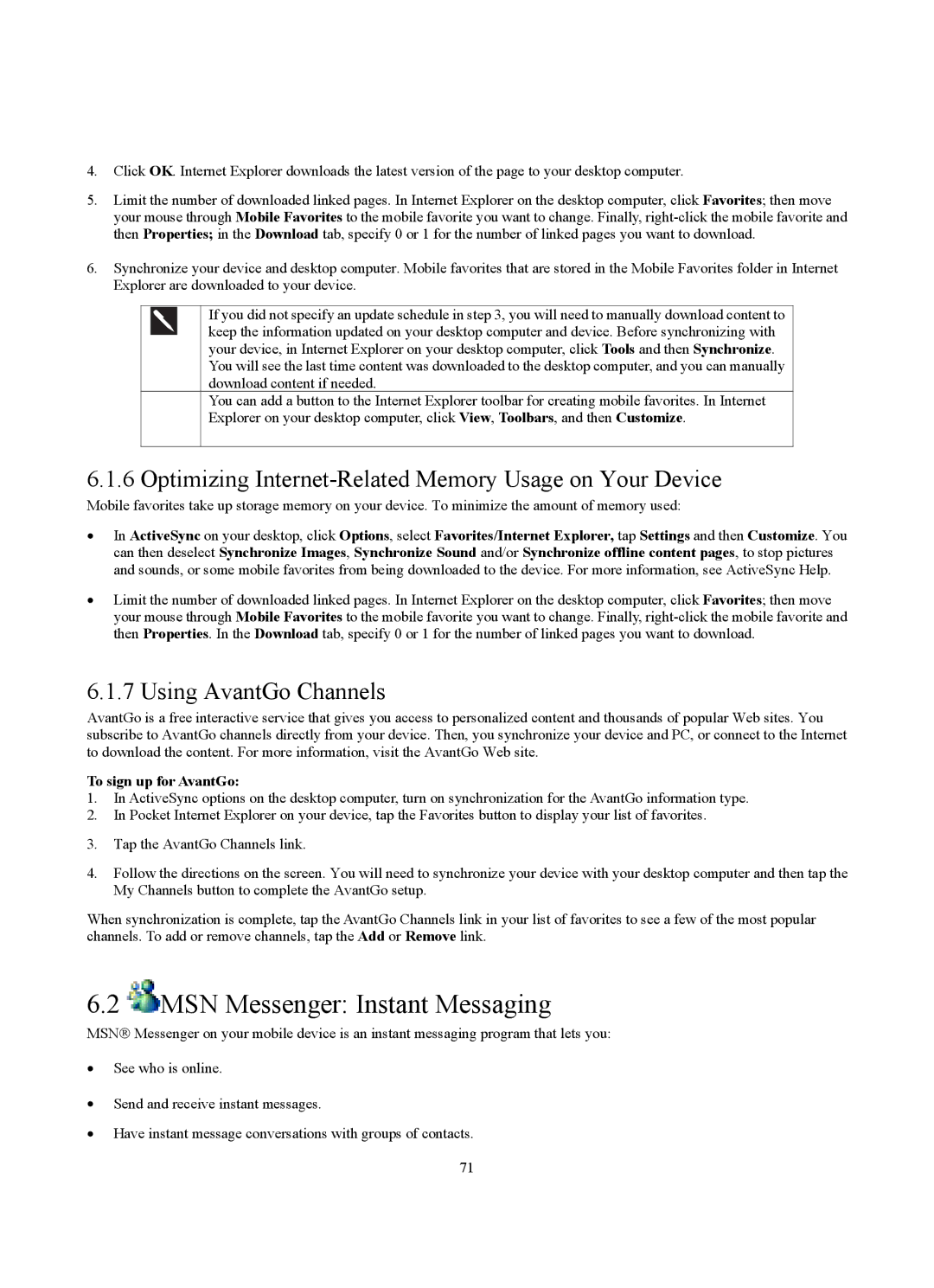 Siemens SX56 manual MSN Messenger Instant Messaging, Optimizing Internet-Related Memory Usage on Your Device 