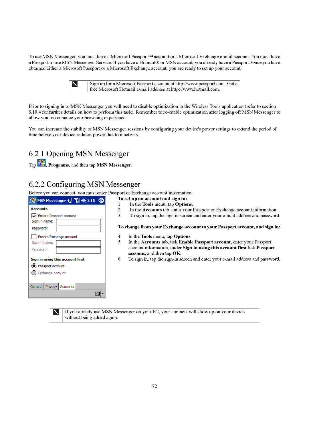 Siemens SX56 manual Opening MSN Messenger, Configuring MSN Messenger, To set up an account and sign 