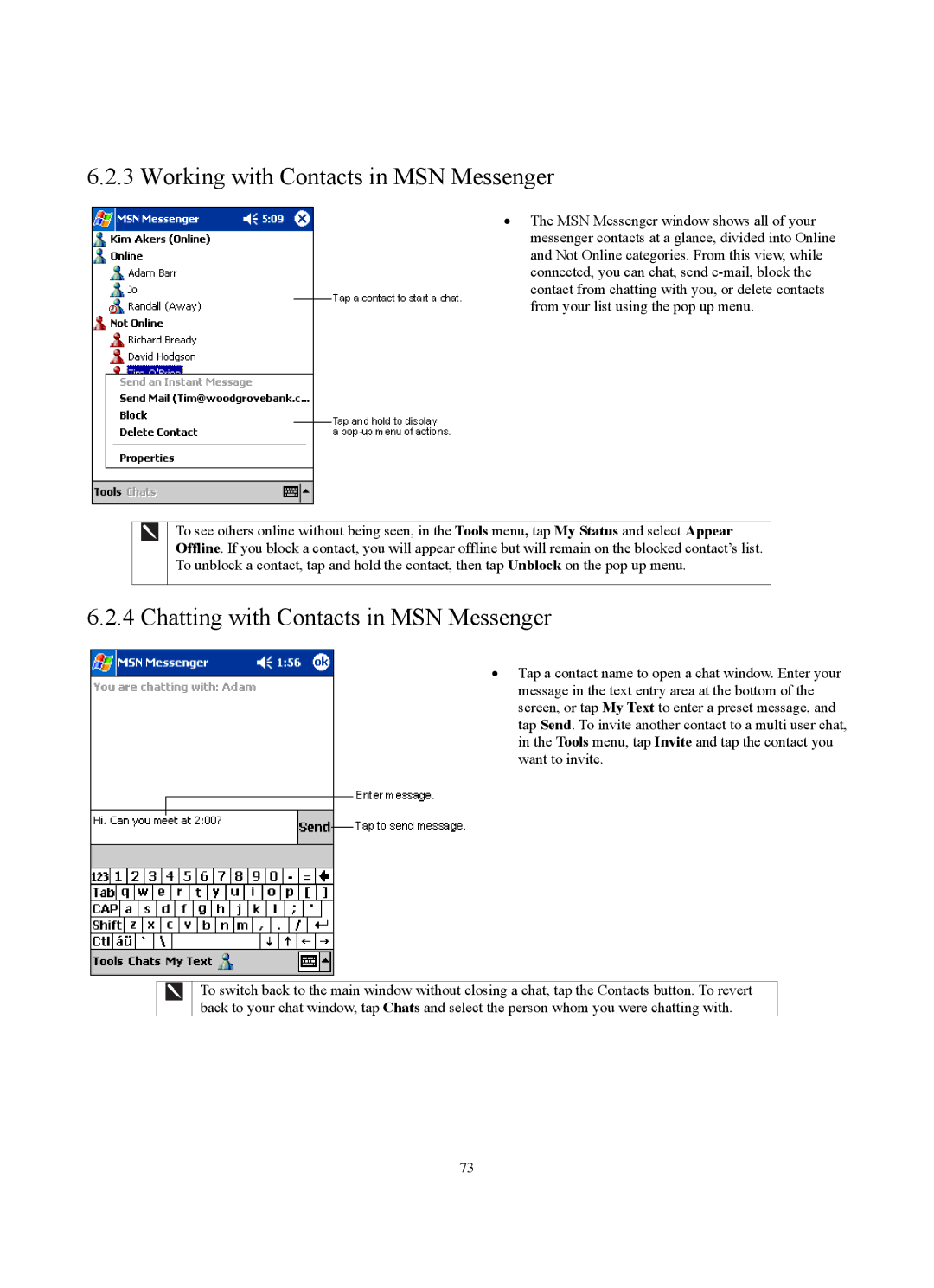 Siemens SX56 manual Working with Contacts in MSN Messenger, Chatting with Contacts in MSN Messenger 