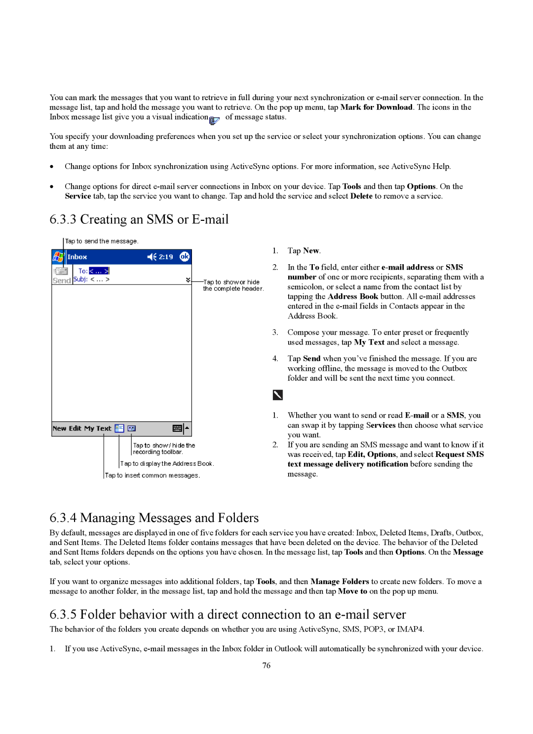 Siemens SX56 manual Creating an SMS or E-mail, Managing Messages and Folders 