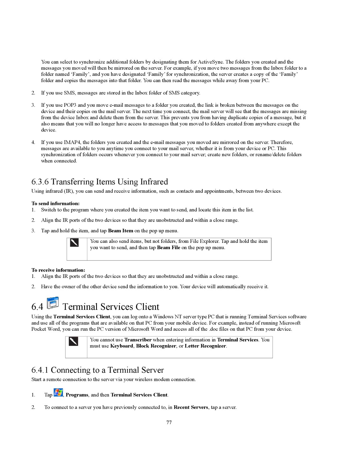 Siemens SX56 manual Terminal Services Client, Transferring Items Using Infrared, Connecting to a Terminal Server 