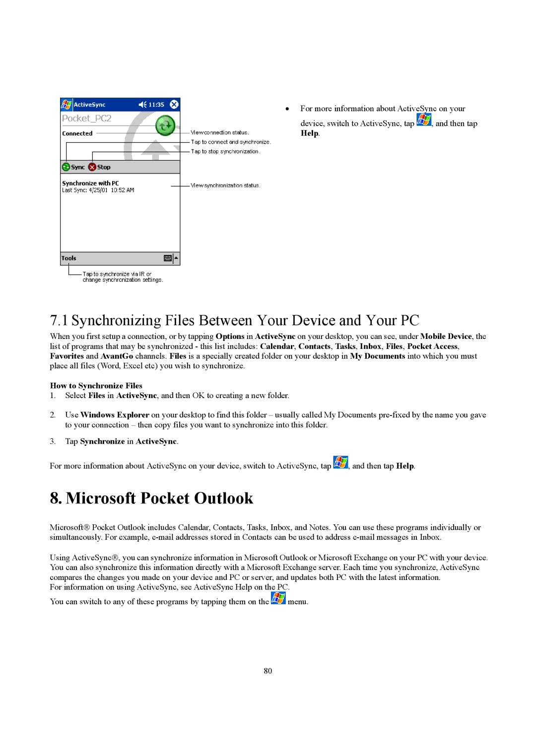 Siemens SX56 manual Microsoft Pocket Outlook, Synchronizing Files Between Your Device and Your PC, How to Synchronize Files 