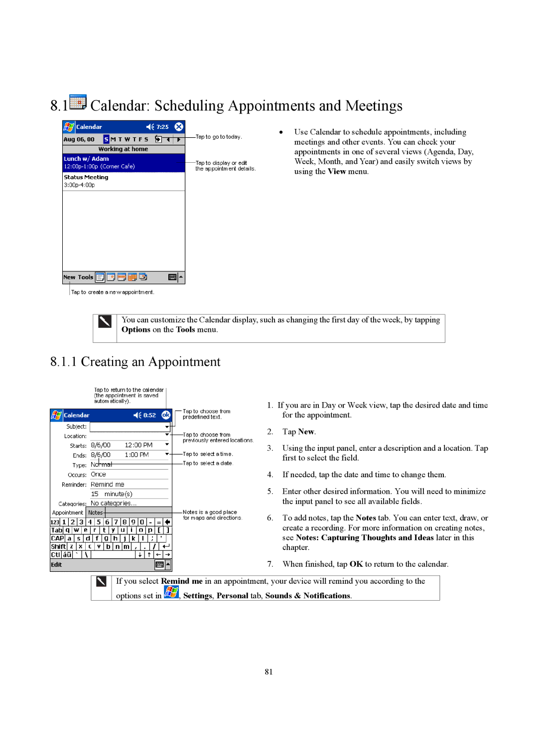 Siemens SX56 manual Calendar Scheduling Appointments and Meetings, Creating an Appointment, Options on the Tools menu 