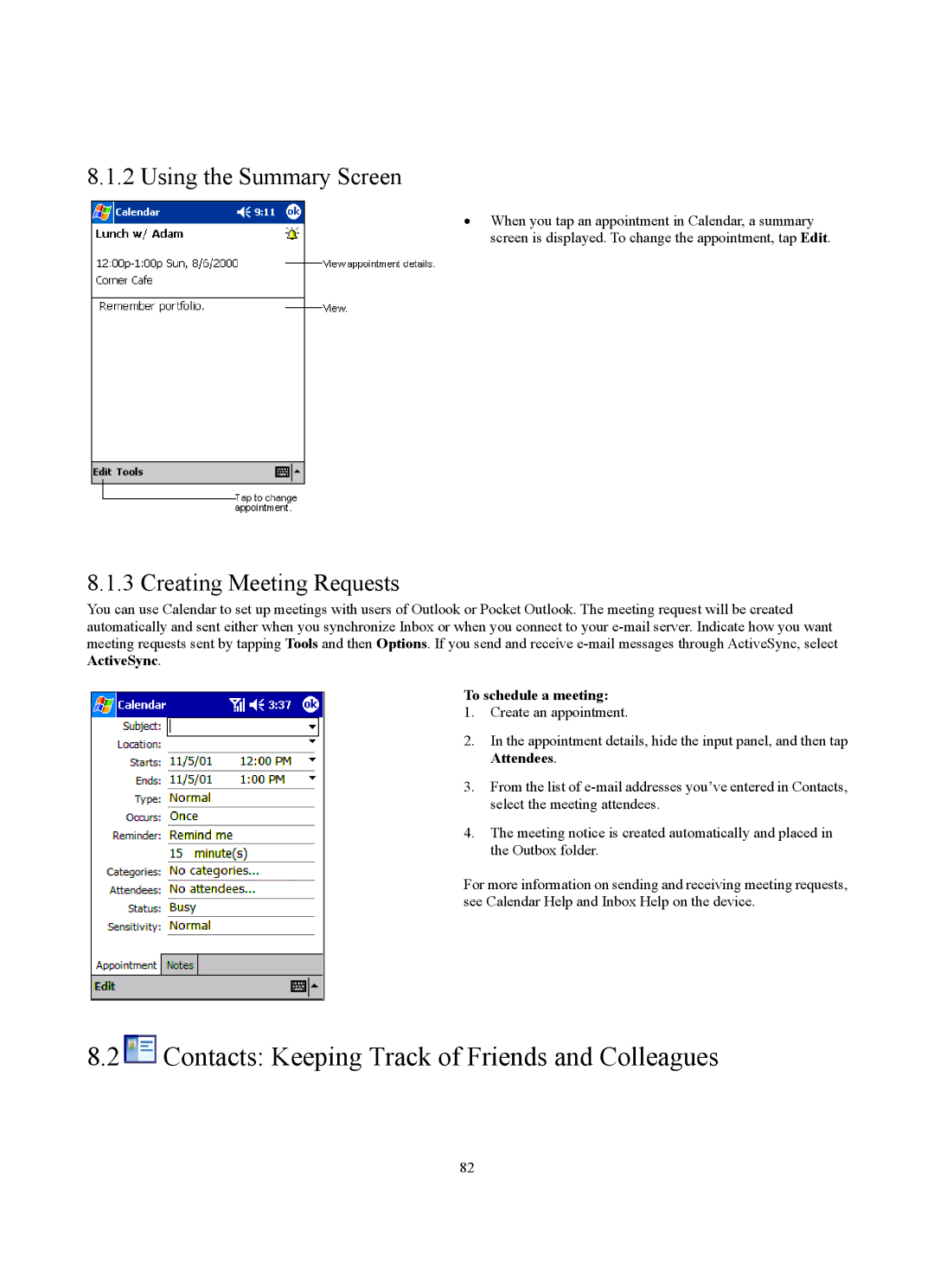 Siemens SX56 manual Contacts Keeping Track of Friends and Colleagues, Using the Summary Screen, Creating Meeting Requests 