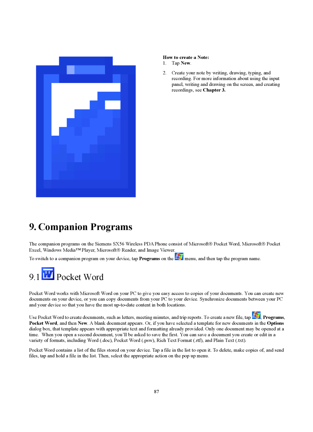 Siemens SX56 manual Companion Programs, Pocket Word, How to create a Note 1. Tap New 