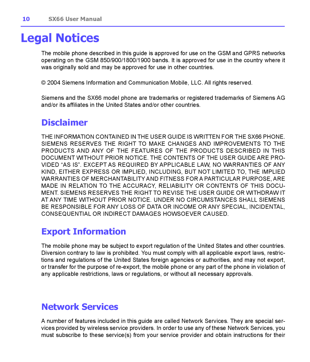 Siemens SX66 manual Disclaimer, Export Information, Network Services 