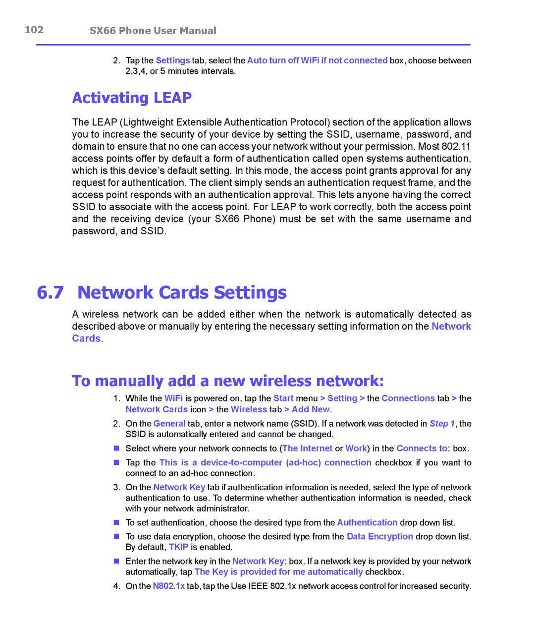 Siemens SX66 Network Cards Settings, Activating Leap, To manually add a new wireless network 