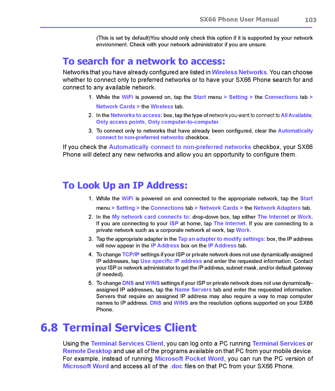 Siemens SX66 manual Terminal Services Client, To search for a network to access, To Look Up an IP Address, 103 