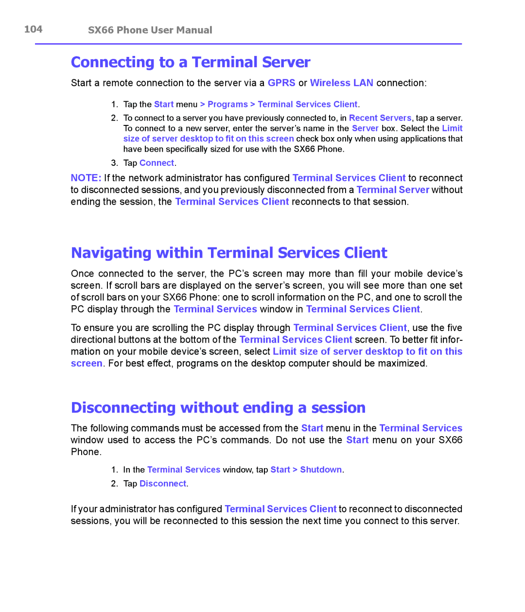 Siemens SX66 manual Connecting to a Terminal Server, Navigating within Terminal Services Client 