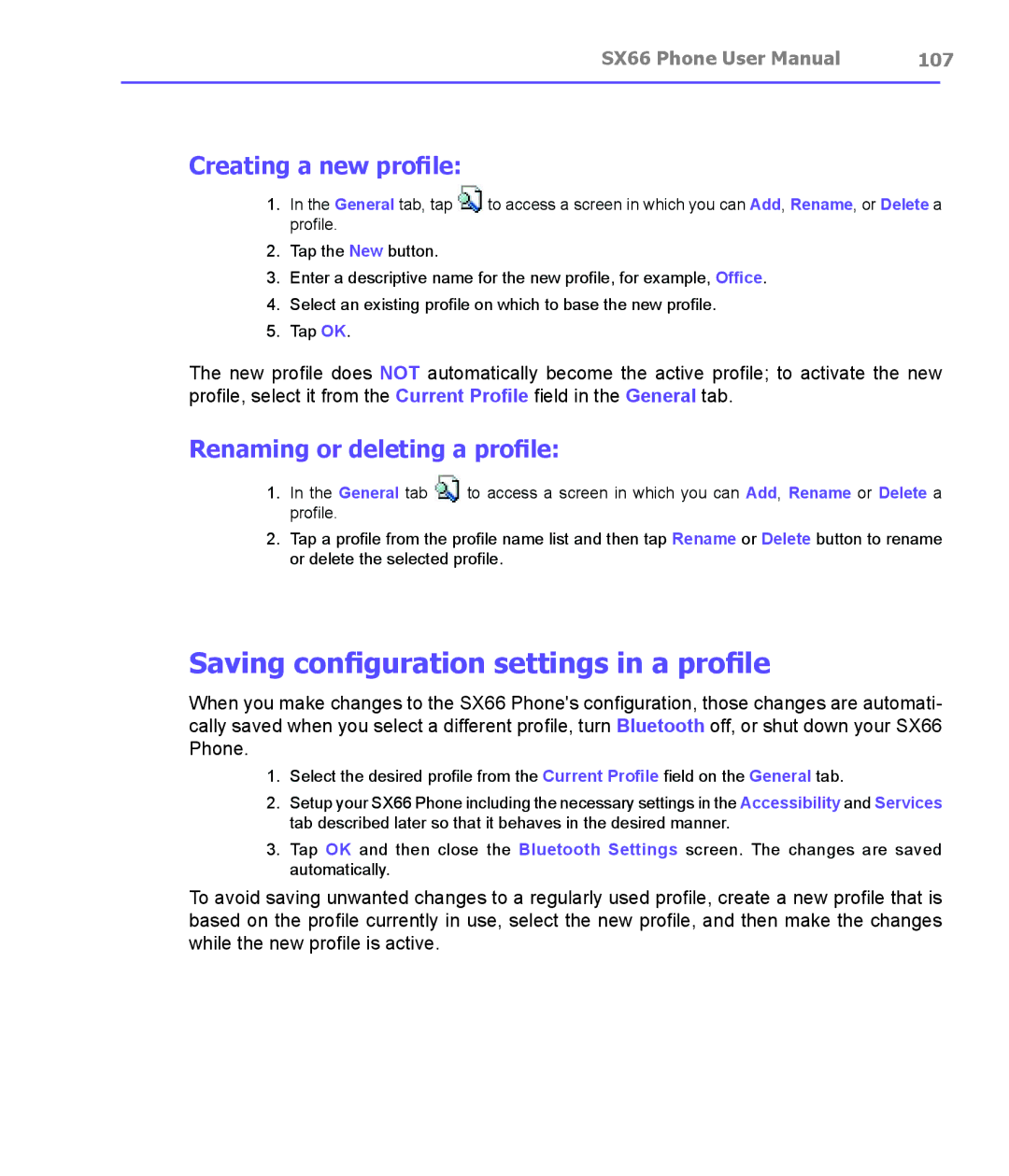 Siemens SX66 manual Saving configuration settings in a profile, Creating a new profile, Renaming or deleting a profile, 107 