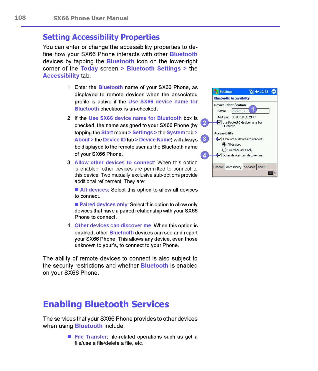 Siemens SX66 manual Enabling Bluetooth Services, Setting Accessibility Properties 