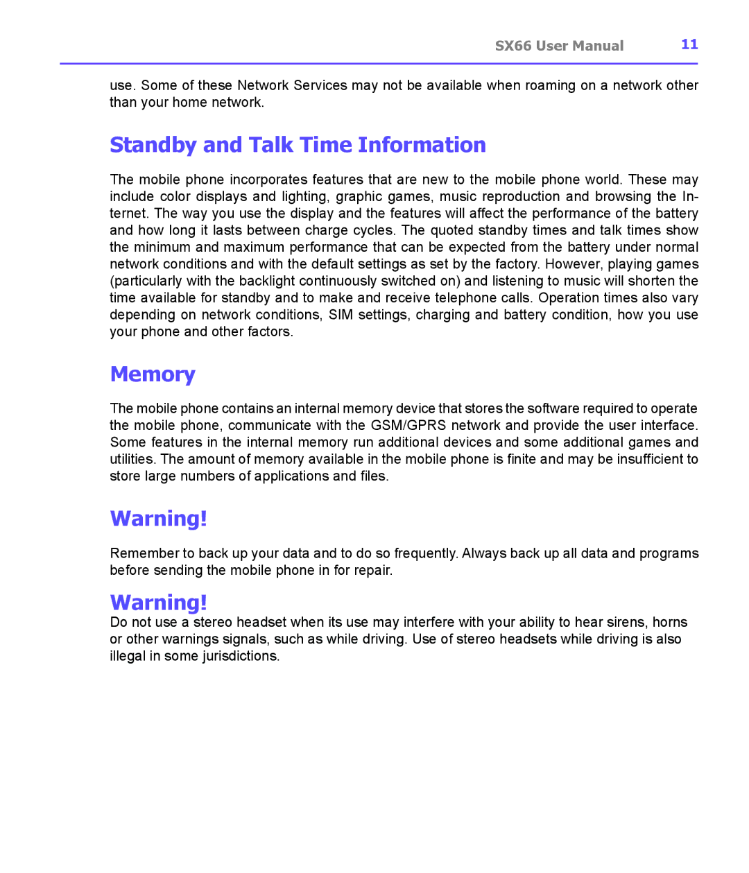 Siemens SX66 manual Standby and Talk Time Information, Memory 