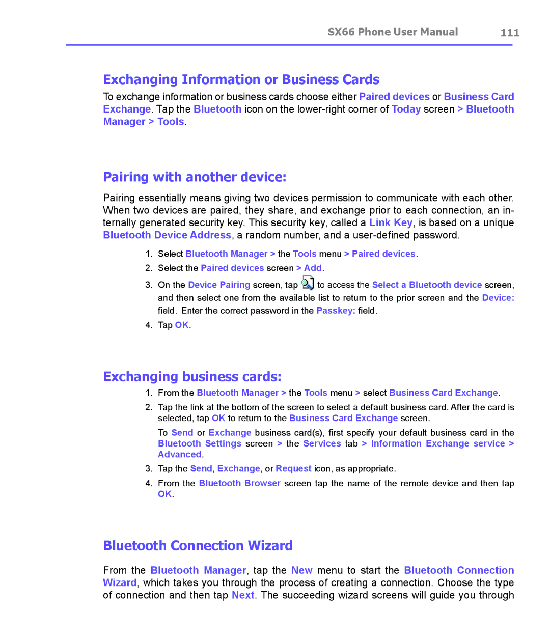 Siemens SX66 manual Exchanging Information or Business Cards, Pairing with another device, Exchanging business cards, 111 