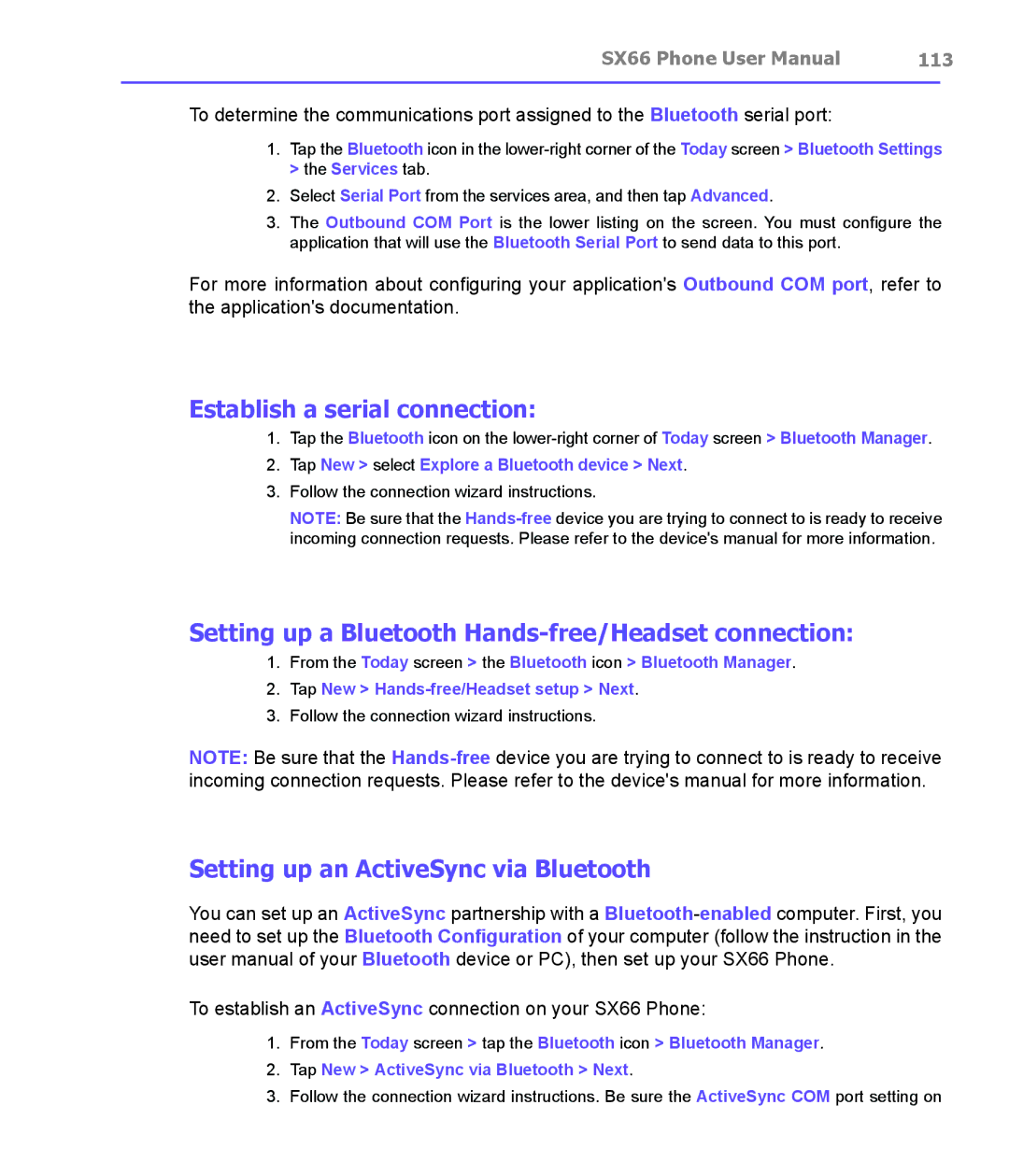 Siemens SX66 manual Establish a serial connection, Setting up a Bluetooth Hands-free/Headset connection, 113 