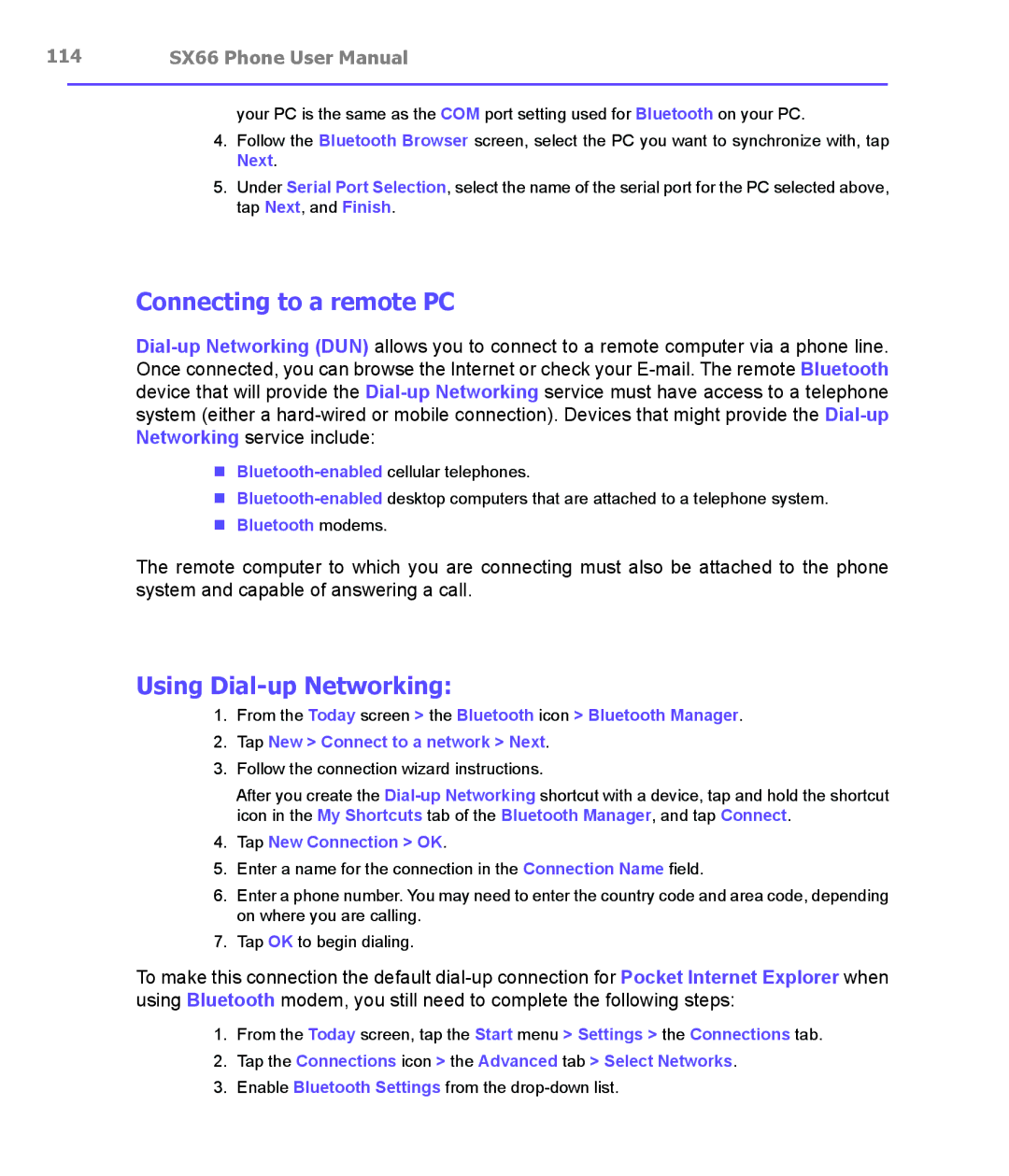 Siemens SX66 manual Connecting to a remote PC, Using Dial-up Networking, Bluetooth modems, Tap New Connection OK 