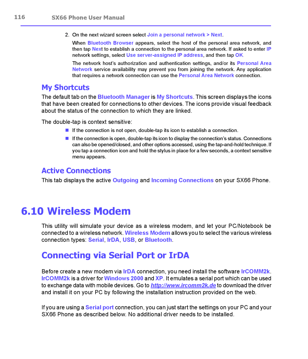 Siemens SX66 manual Wireless Modem, Connecting via Serial Port or IrDA, My Shortcuts, Active Connections 