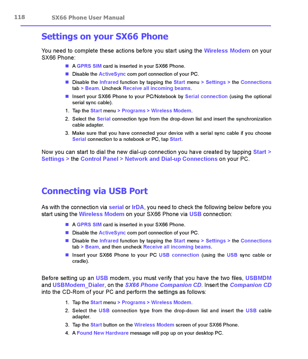 Siemens manual Settings on your SX66 Phone, Connecting via USB Port, Tap the Start menu Programs Wireless Modem 