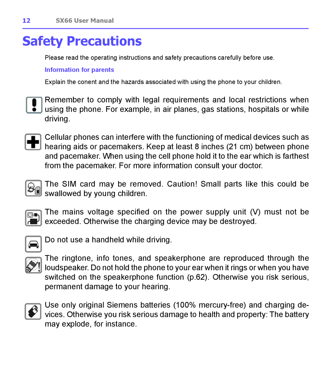 Siemens SX66 manual Safety Precautions 