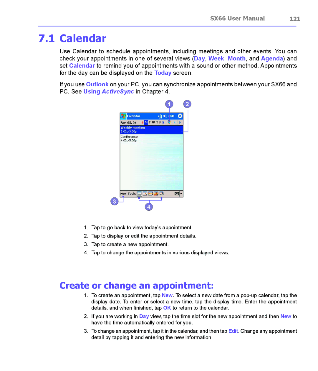 Siemens SX66 manual Calendar, Create or change an appointment, 121 