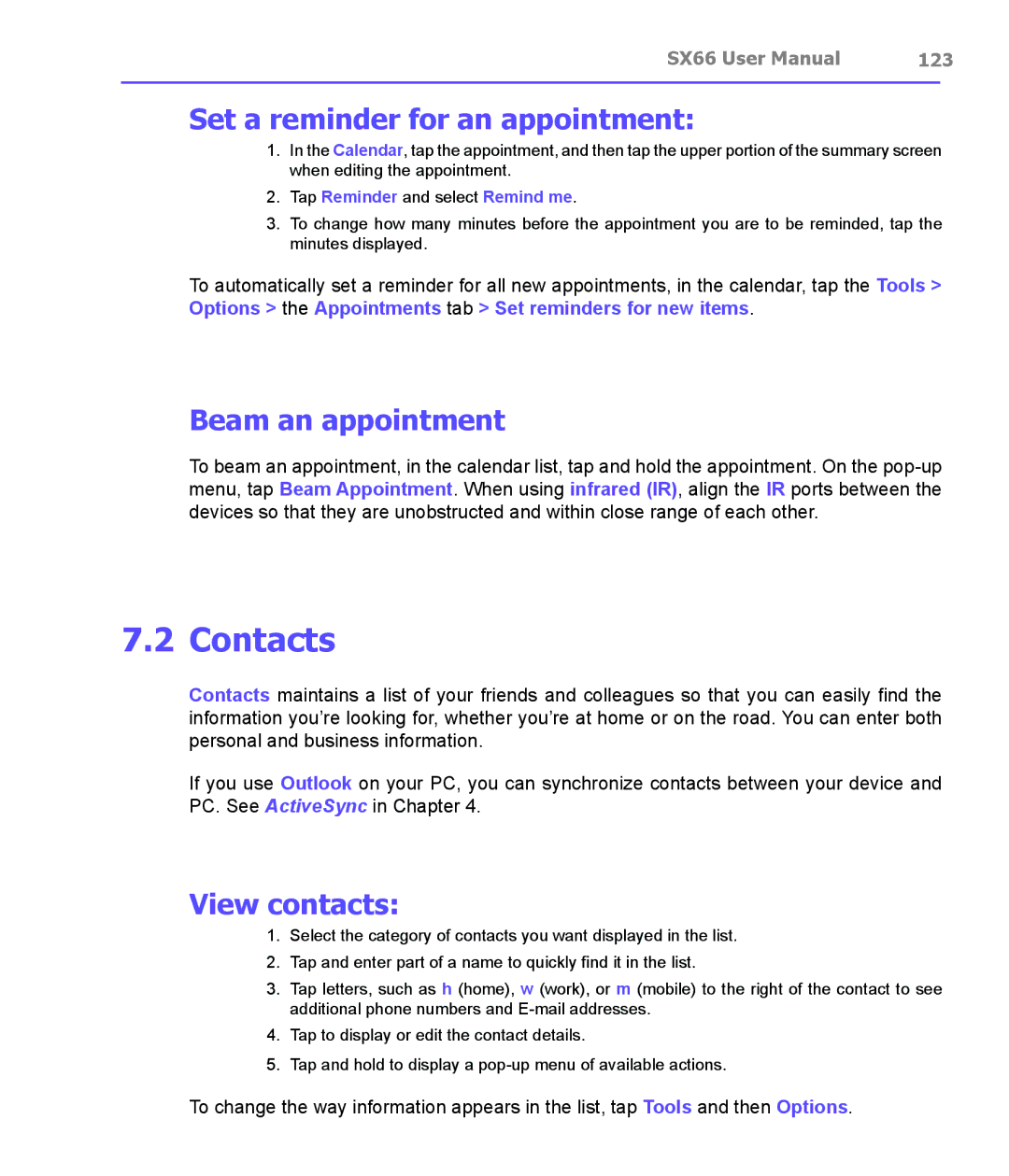 Siemens SX66 manual Contacts, Set a reminder for an appointment, Beam an appointment, View contacts, 123 