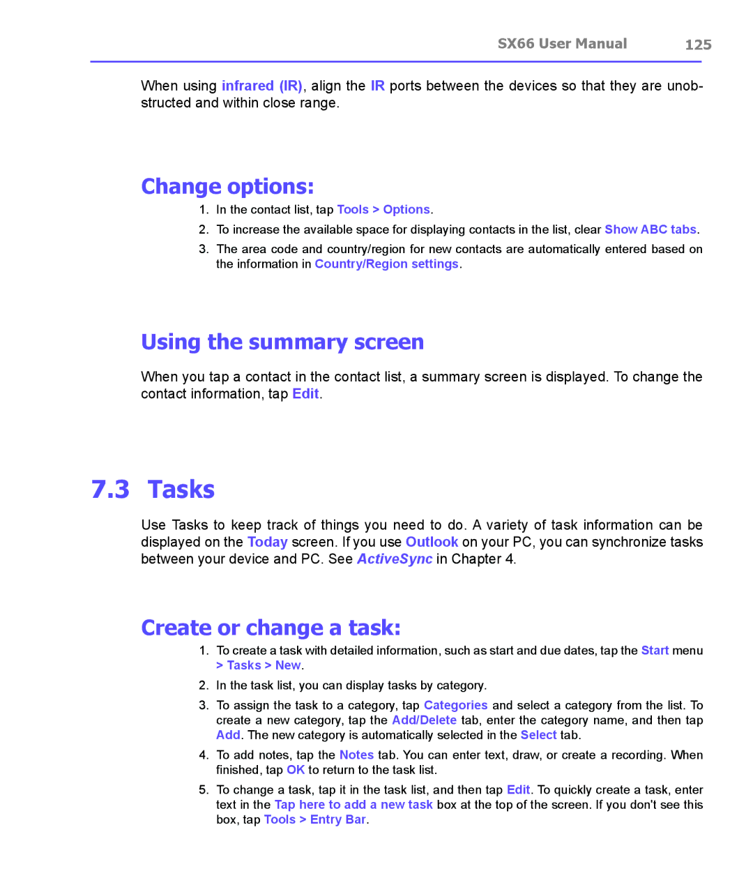 Siemens SX66 manual Tasks, Change options, Using the summary screen, Create or change a task, 125 