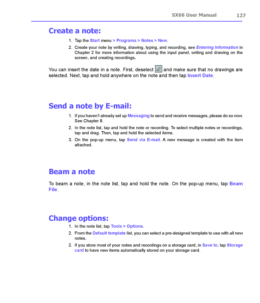 Siemens SX66 manual Create a note, Send a note by E-mail, Beam a note, 127, Tap the Start menu Programs Notes New 