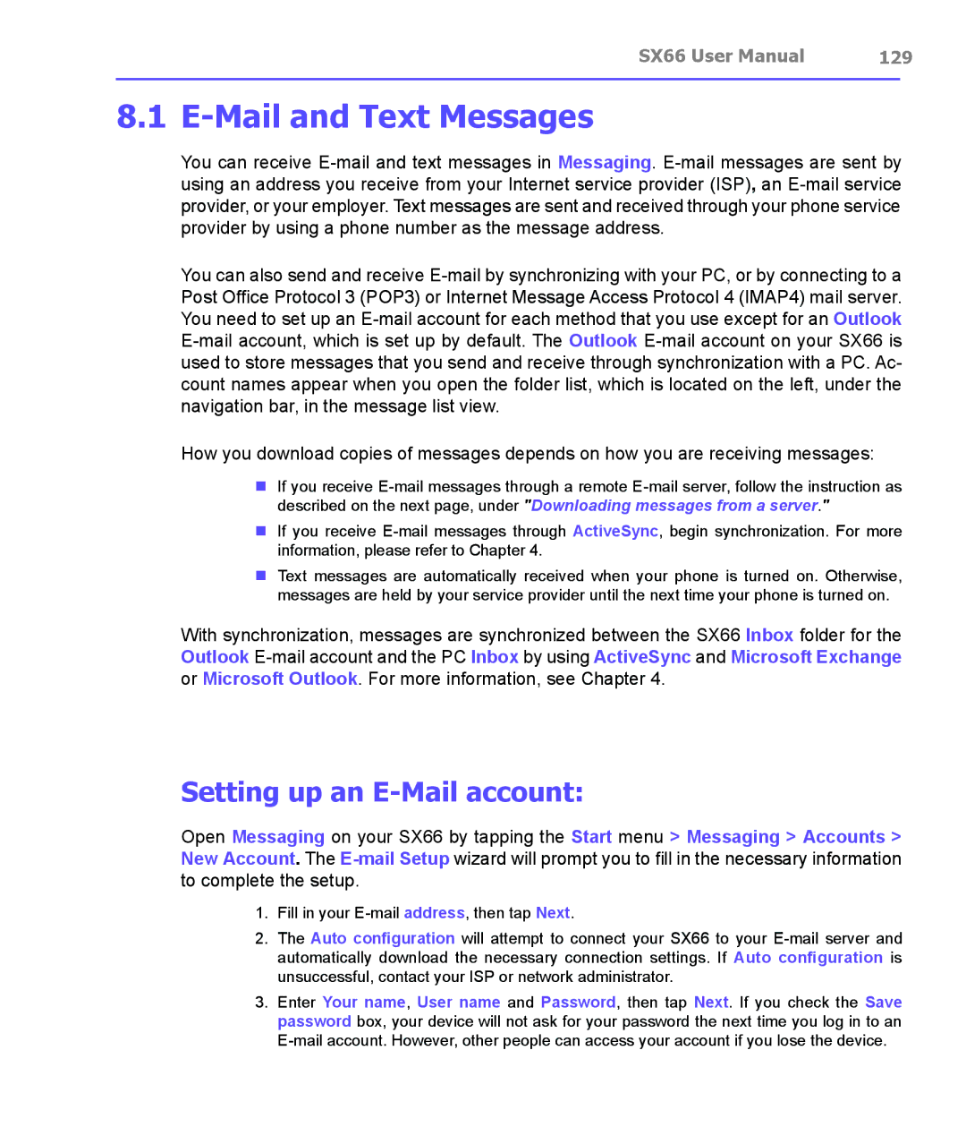 Siemens SX66 manual Mail and Text Messages, Setting up an E-Mail account, 129 