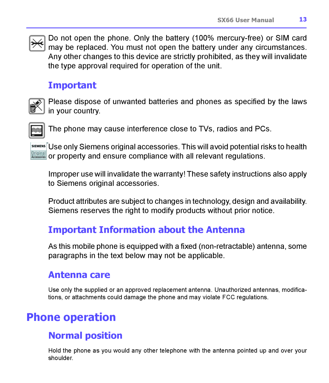 Siemens SX66 manual Phone operation, Important Information about the Antenna, Antenna care, Normal position 