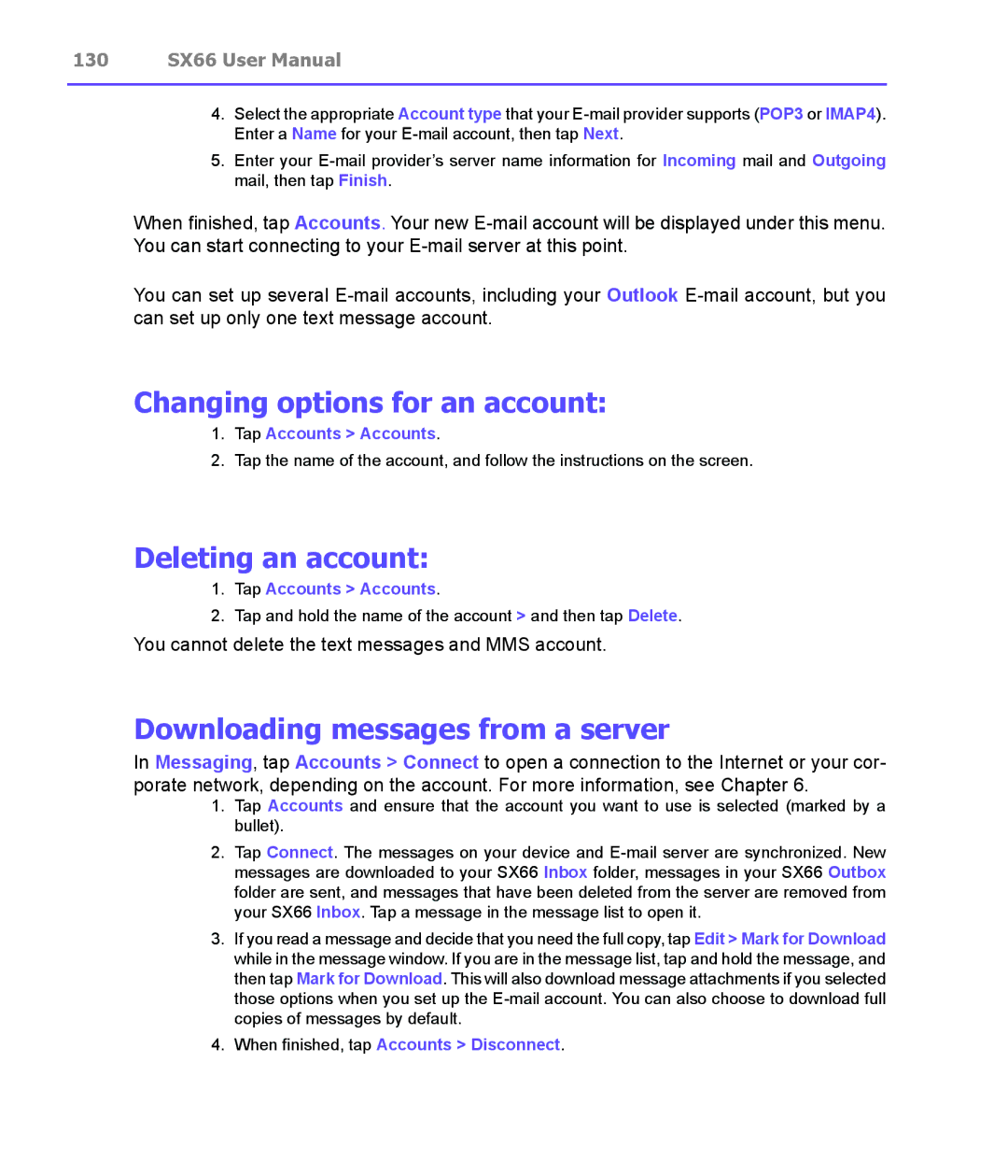 Siemens SX66 manual Changing options for an account, Deleting an account, Downloading messages from a server 