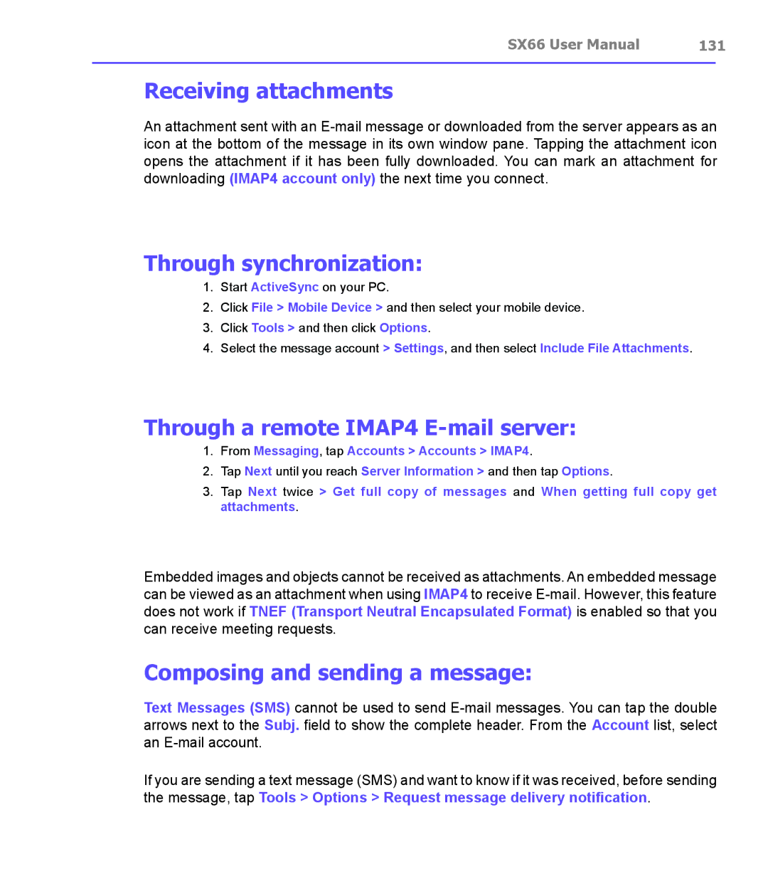 Siemens SX66 manual Receiving attachments, Through synchronization, Through a remote IMAP4 E-mail server, 131 