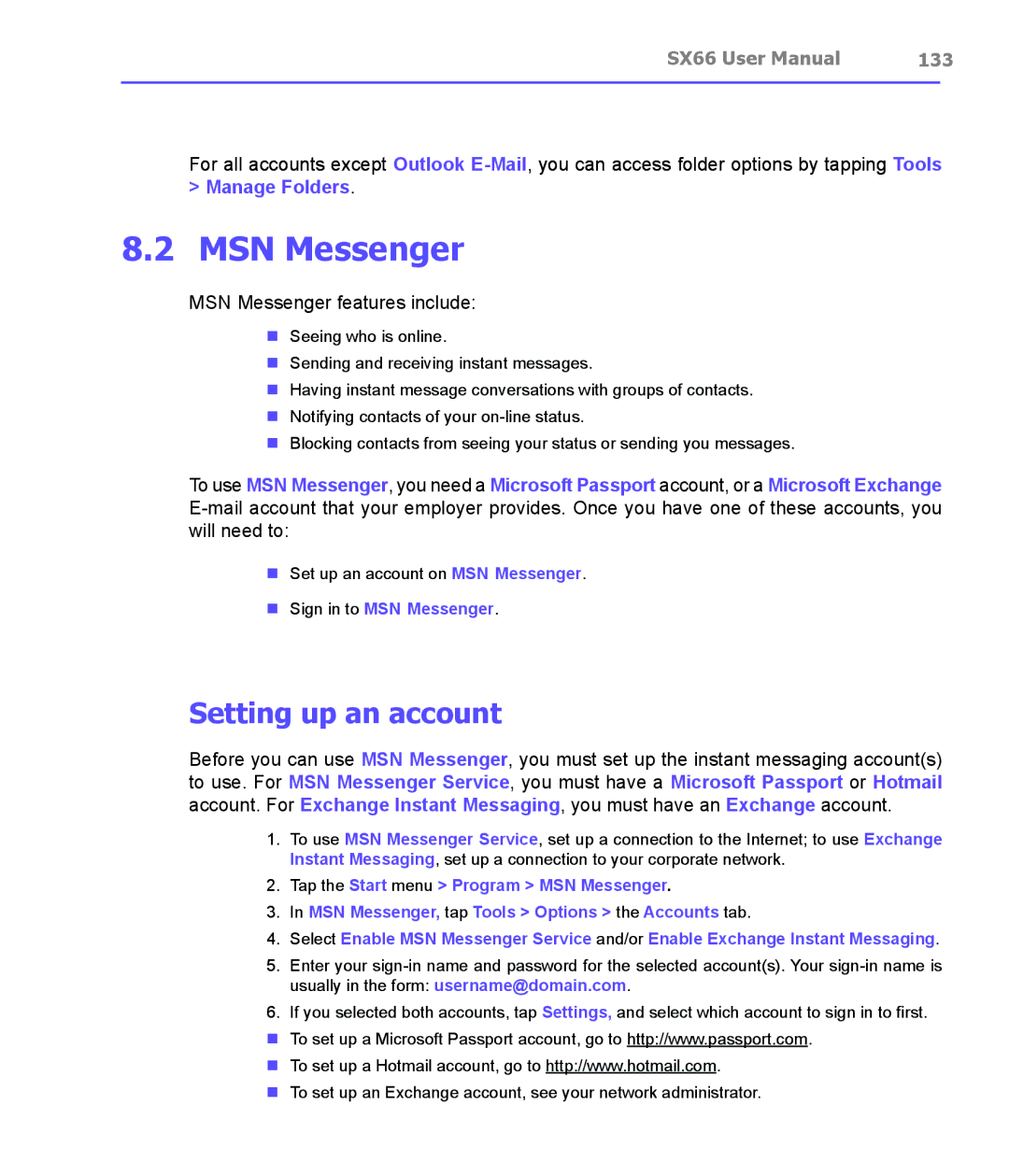 Siemens SX66 manual Setting up an account, 133, Sign in to MSN Messenger 