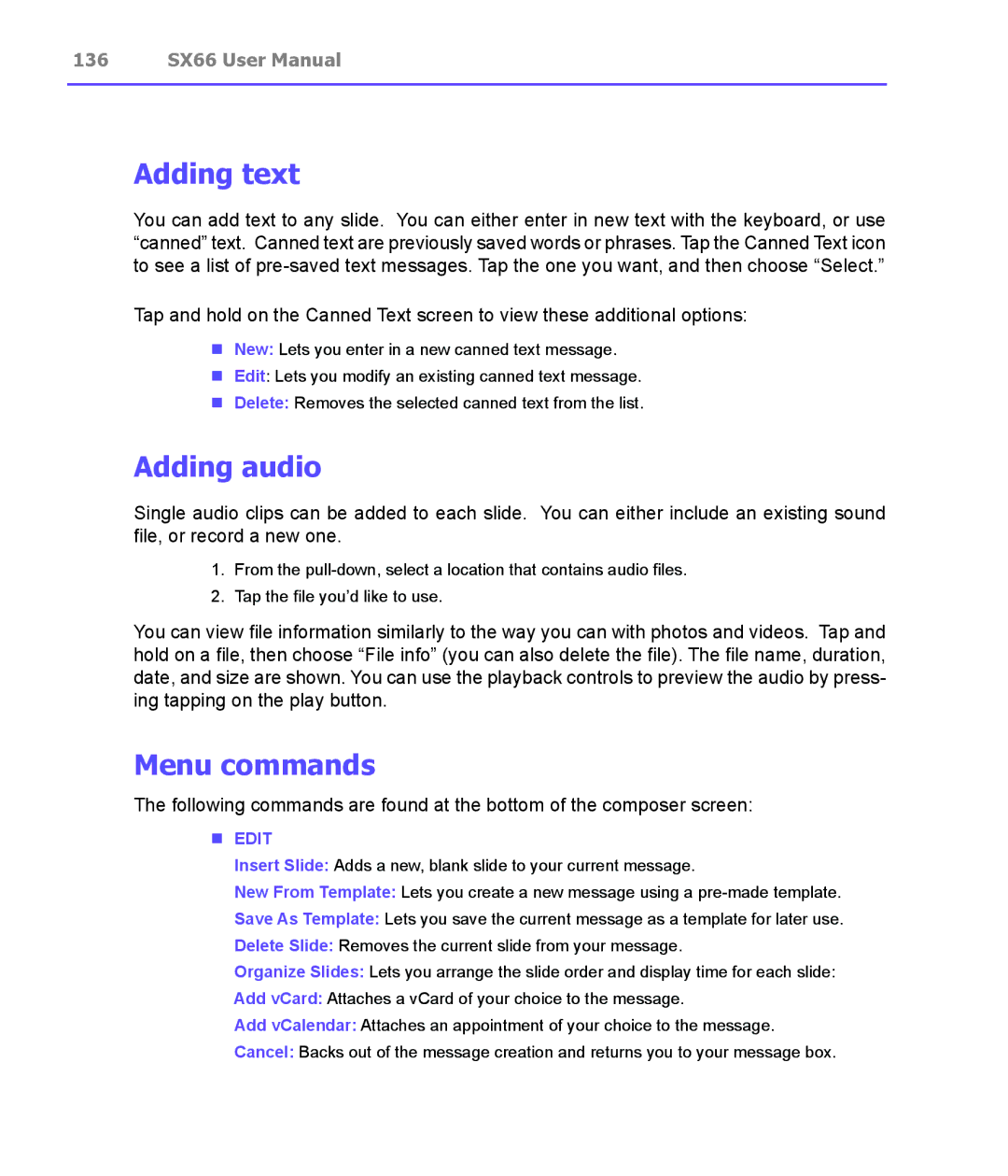 Siemens SX66 manual Adding text, Adding audio, Menu commands, Edit 