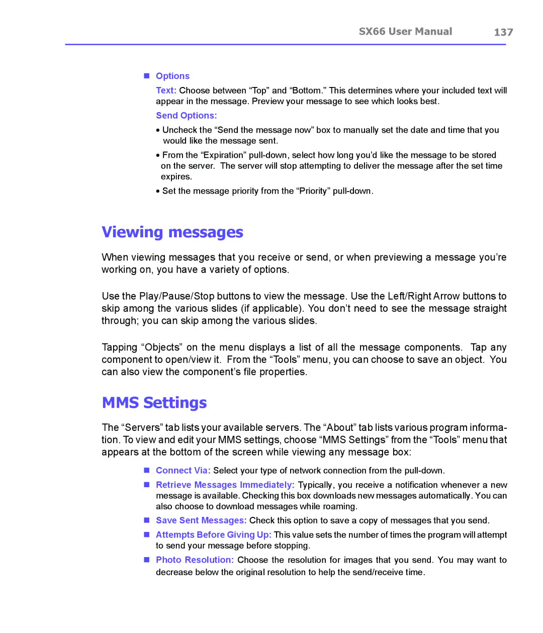 Siemens SX66 manual Viewing messages, MMS Settings, 137, Send Options 