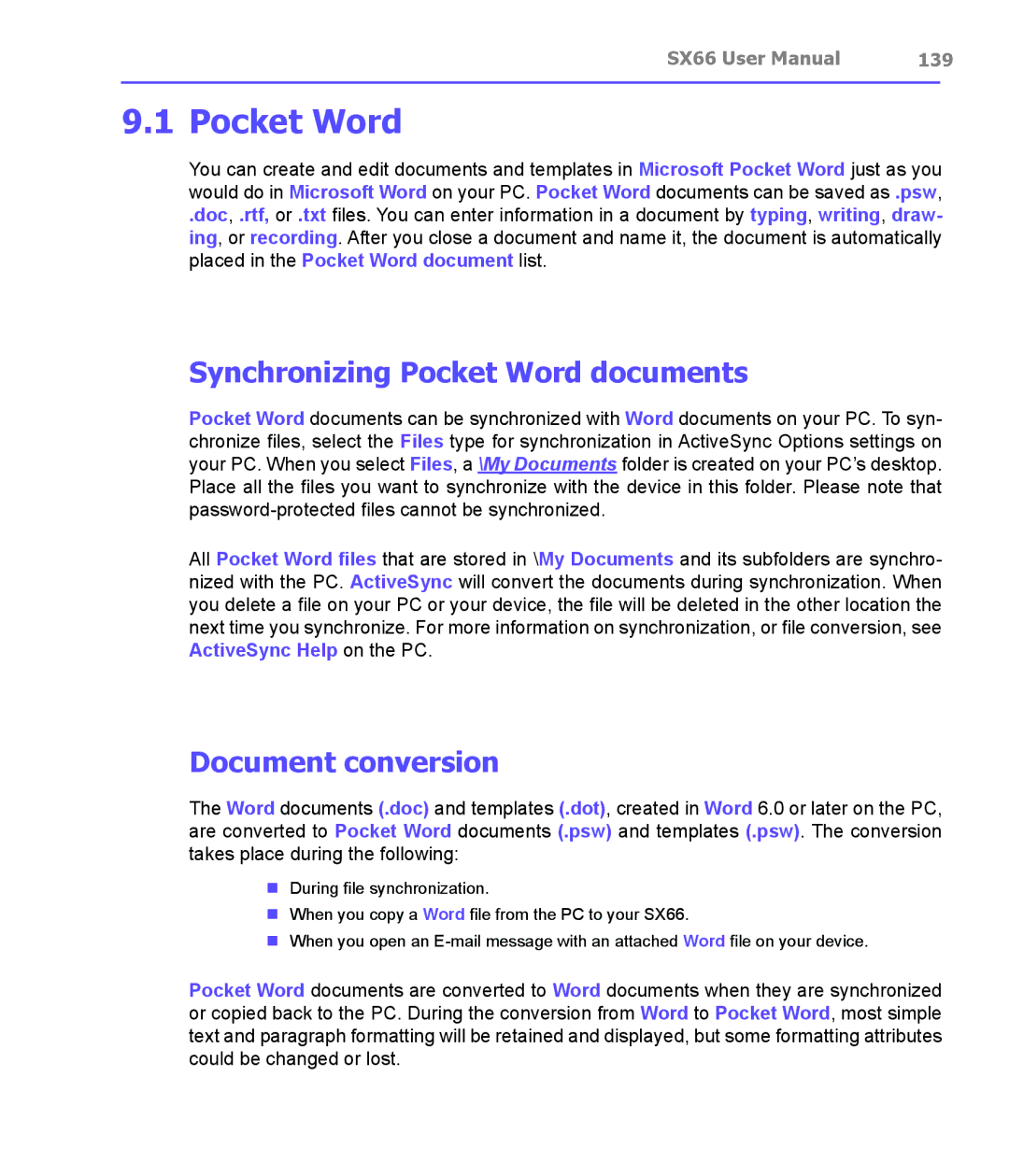 Siemens SX66 manual Synchronizing Pocket Word documents, Document conversion, 139 