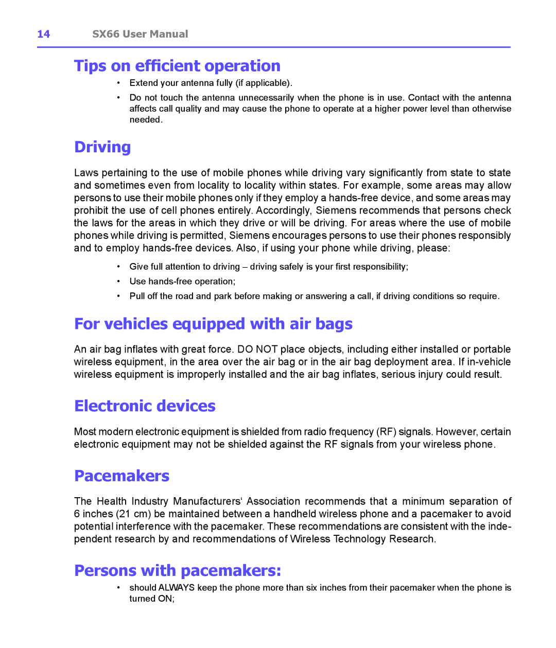 Siemens SX66 Tips on efficient operation, Driving, For vehicles equipped with air bags, Electronic devices, Pacemakers 