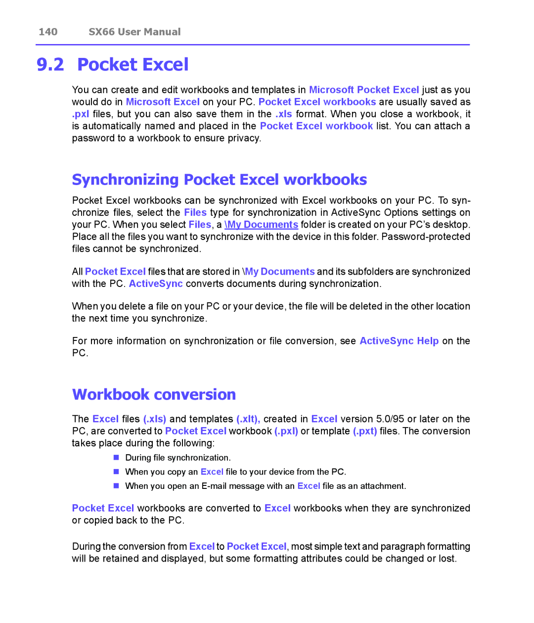 Siemens SX66 manual Synchronizing Pocket Excel workbooks, Workbook conversion 