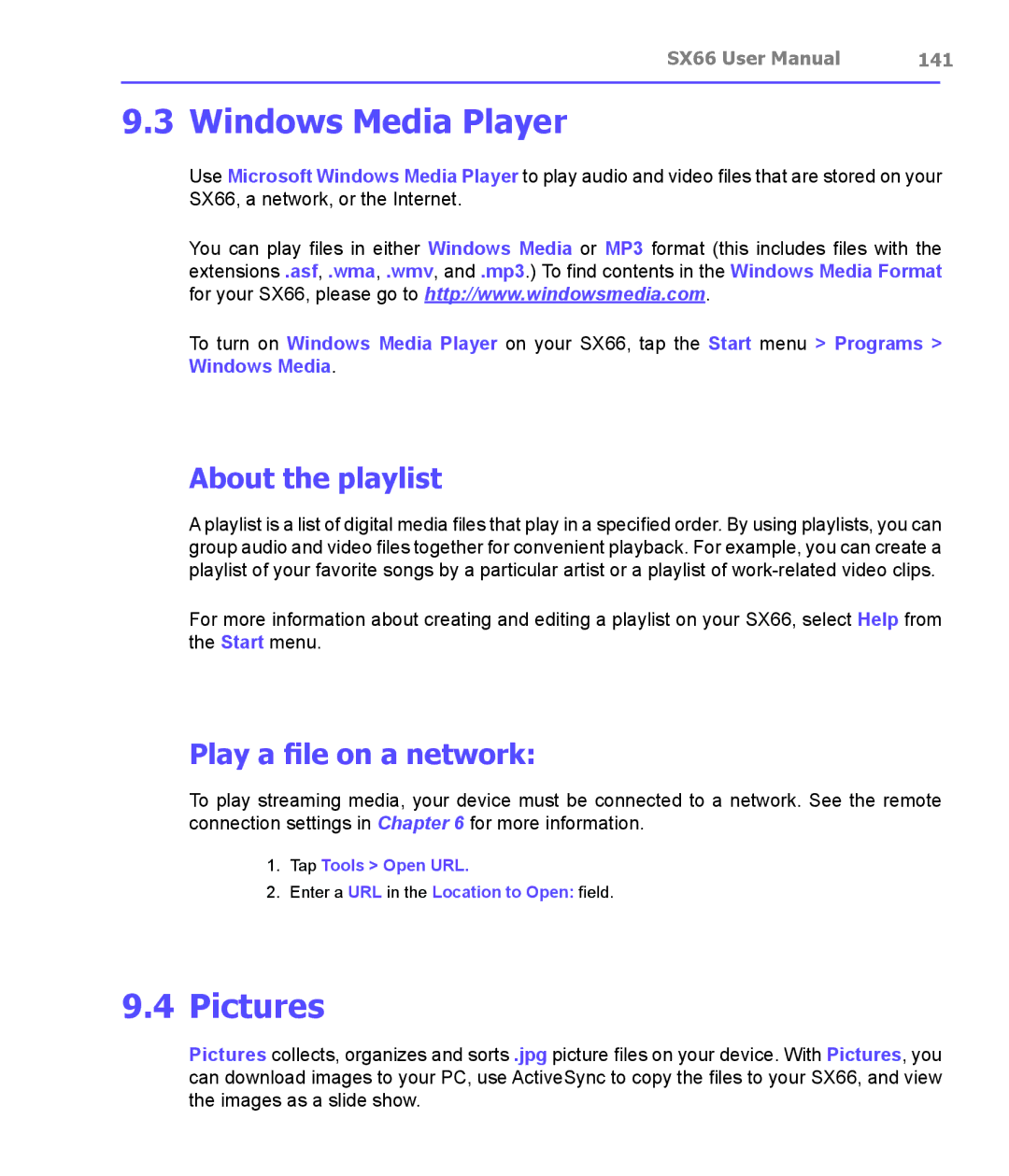 Siemens SX66 manual Windows Media Player, Pictures, About the playlist, Play a file on a network, 141 