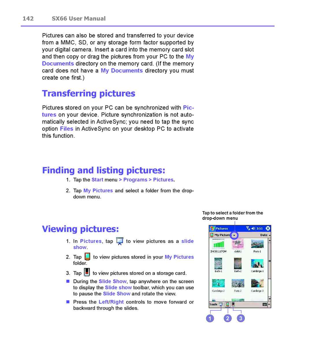 Siemens SX66 Transferring pictures, Finding and listing pictures, Viewing pictures, Tap the Start menu Programs Pictures 