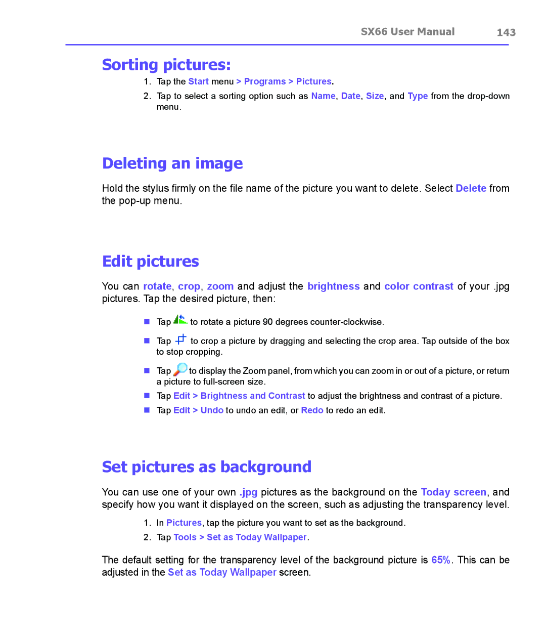 Siemens SX66 manual Sorting pictures, Deleting an image, Edit pictures, Set pictures as background, 143 