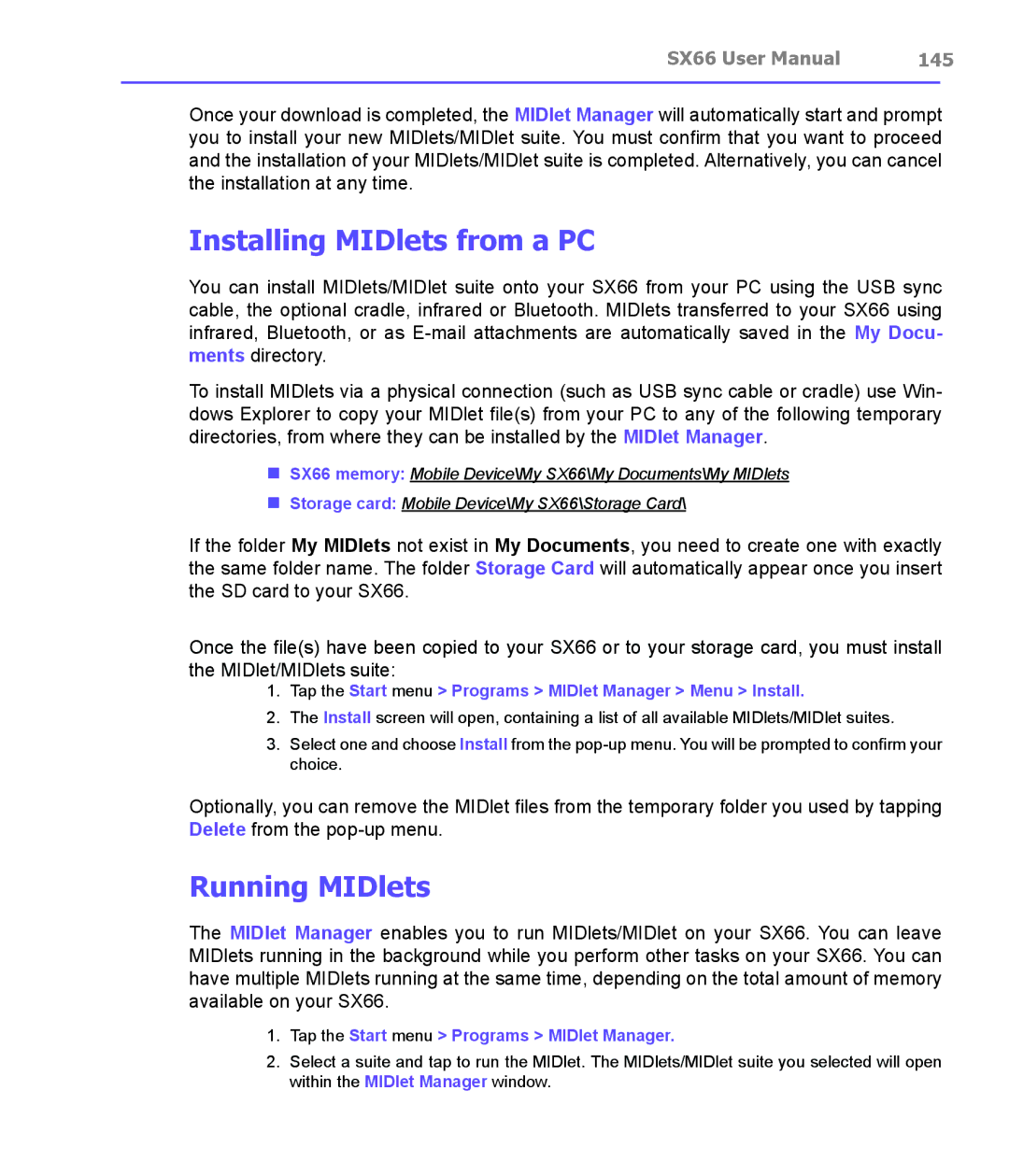 Siemens SX66 Installing MIDlets from a PC, Running MIDlets, 145, Tap the Start menu Programs MIDlet Manager Menu Install 