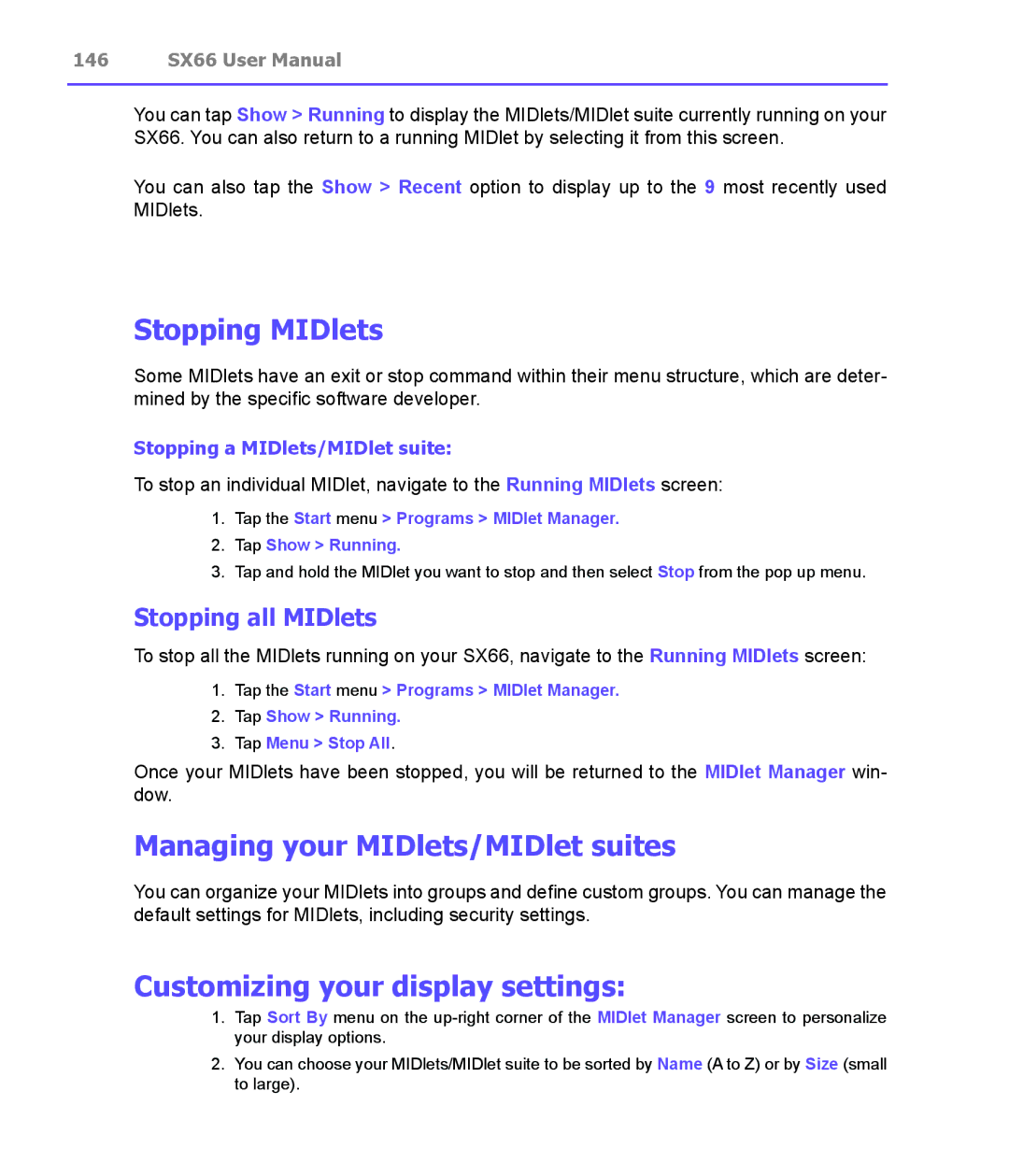 Siemens SX66 manual Stopping MIDlets, Managing your MIDlets/MIDlet suites, Customizing your display settings 