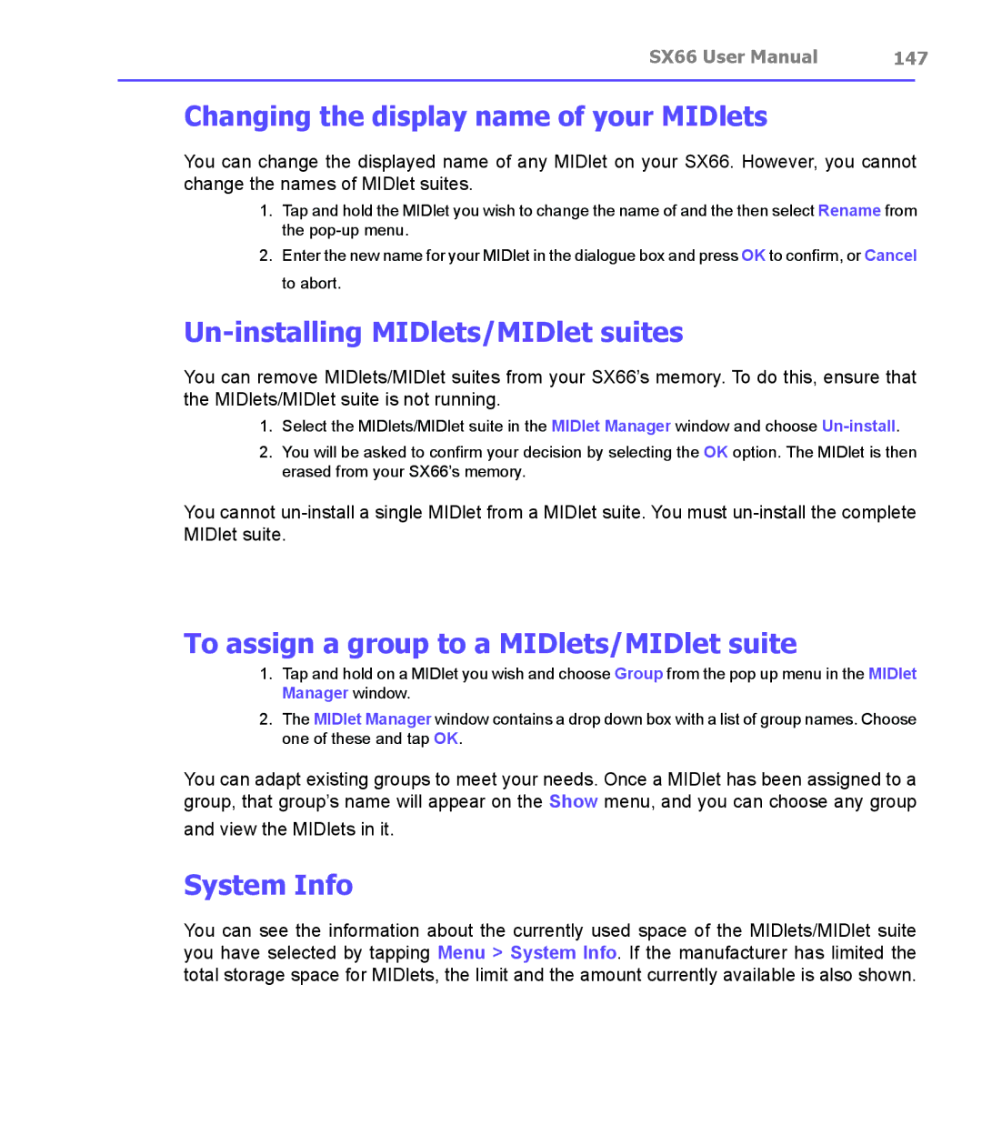 Siemens SX66 manual Changing the display name of your MIDlets, Un-installing MIDlets/MIDlet suites, System Info, 147 