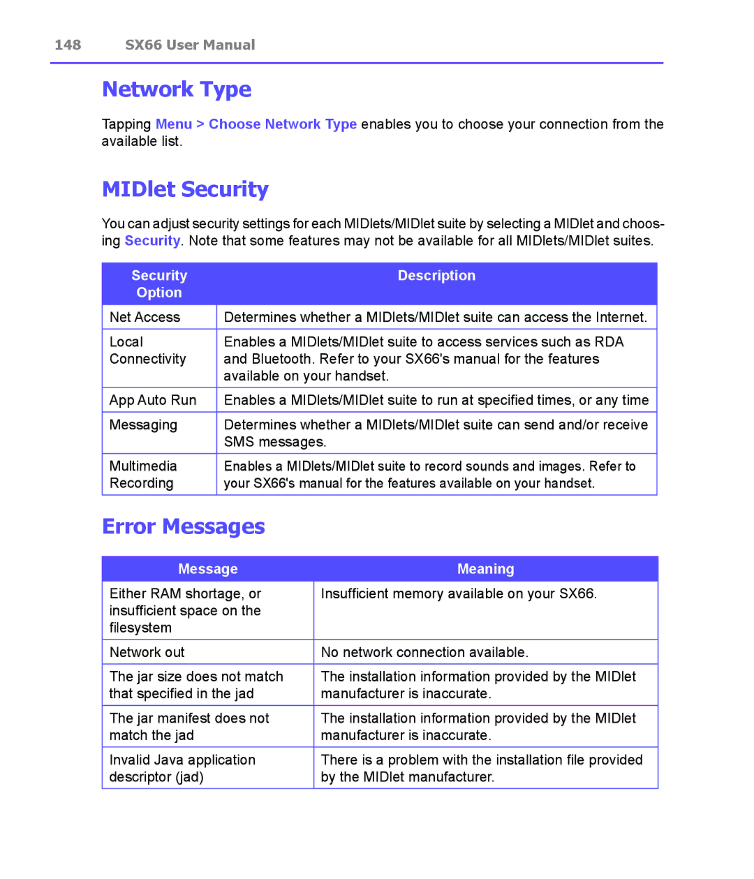 Siemens SX66 manual Network Type, MIDlet Security, Error Messages 