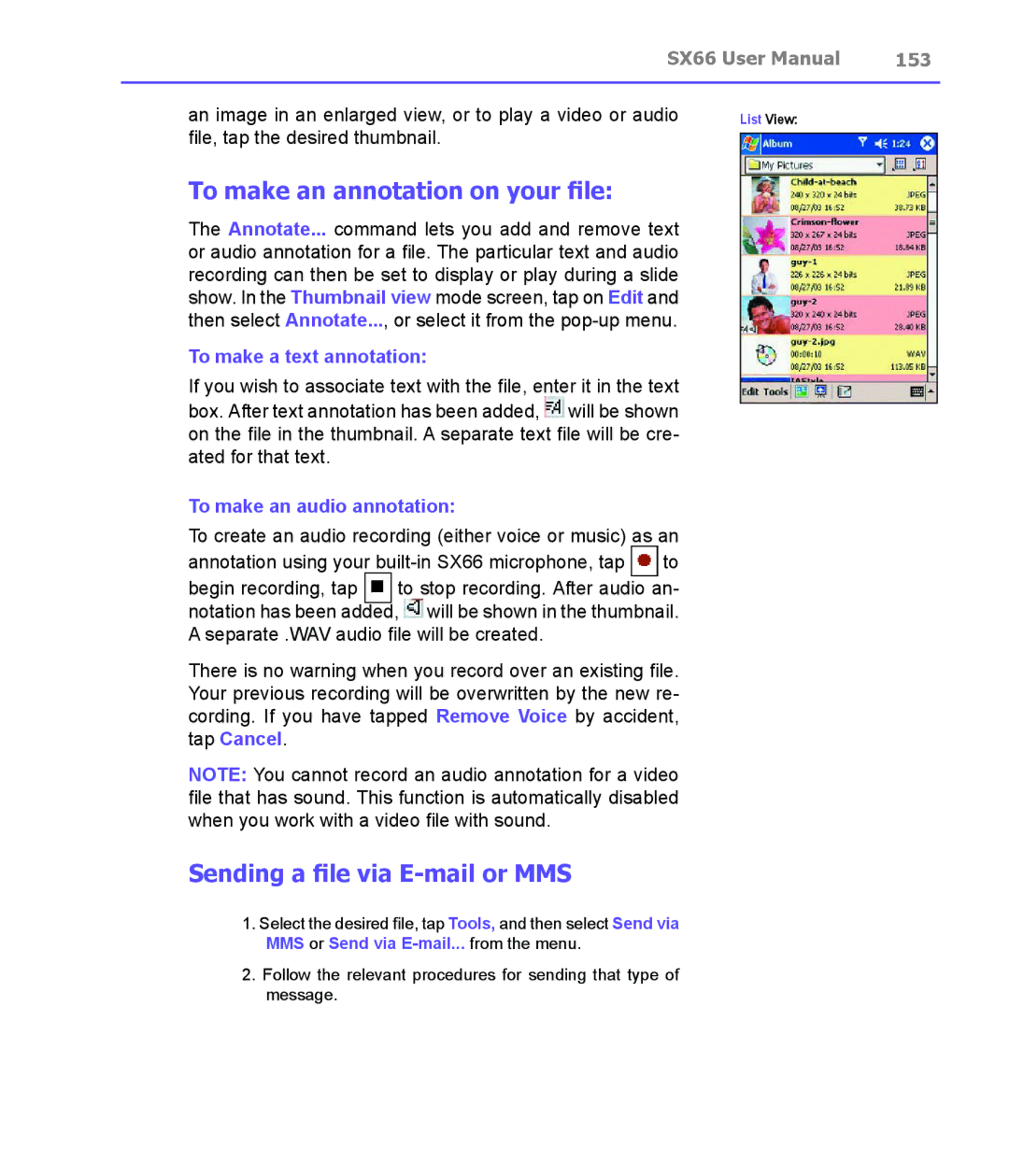 Siemens SX66 manual To make an annotation on your file, Sending a file via E-mail or MMS, 153 