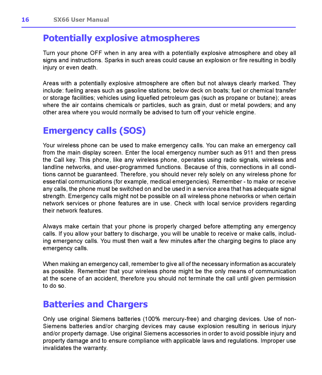 Siemens SX66 manual Potentially explosive atmospheres, Emergency calls SOS, Batteries and Chargers 