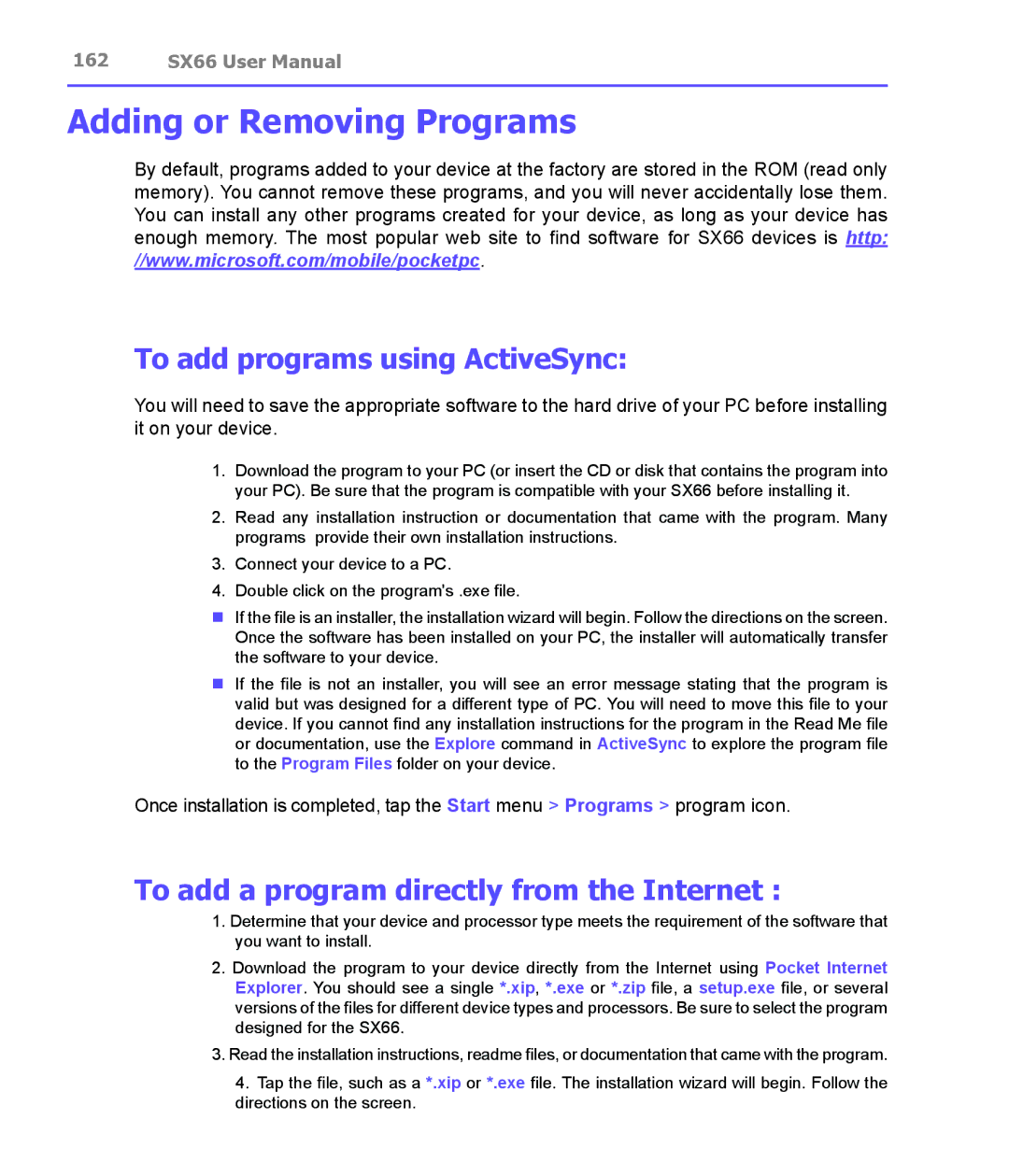 Siemens SX66 Adding or Removing Programs, To add programs using ActiveSync, To add a program directly from the Internet 