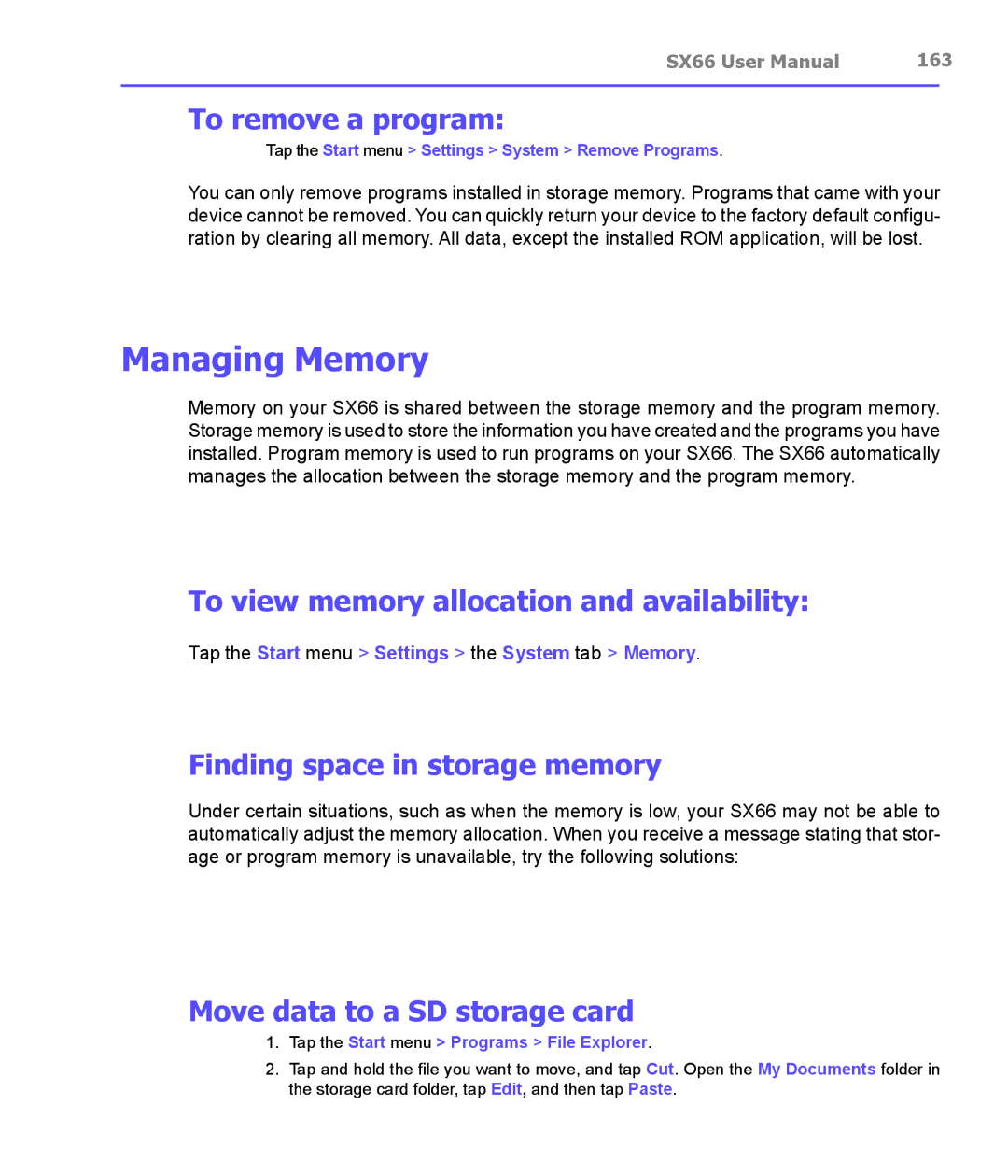 Siemens SX66 manual Managing Memory, To remove a program, To view memory allocation and availability 