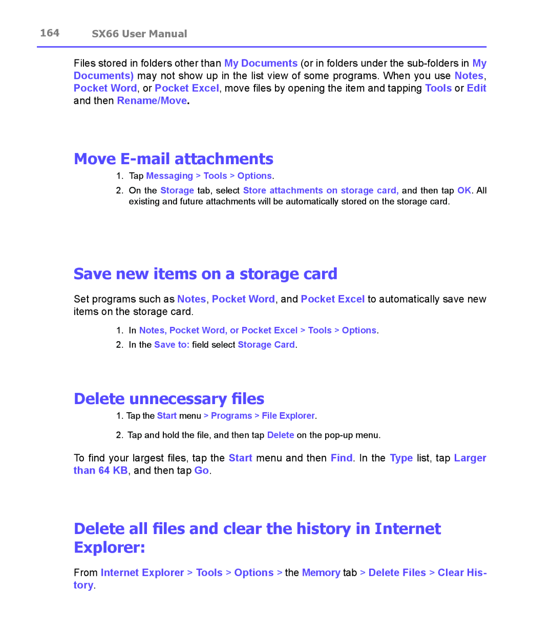 Siemens SX66 manual Move E-mail attachments, Save new items on a storage card, Delete unnecessary files 