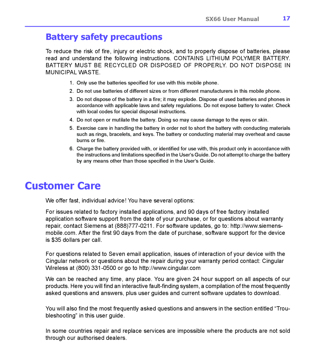 Siemens SX66 manual Customer Care, Battery safety precautions 