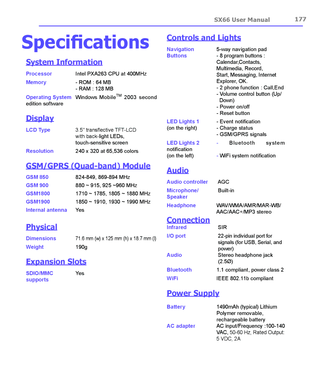 Siemens SX66 System Information, Display, Controls and Lights, GSM/GPRS Quad-band Module, Physical, Expansion Slots, Audio 